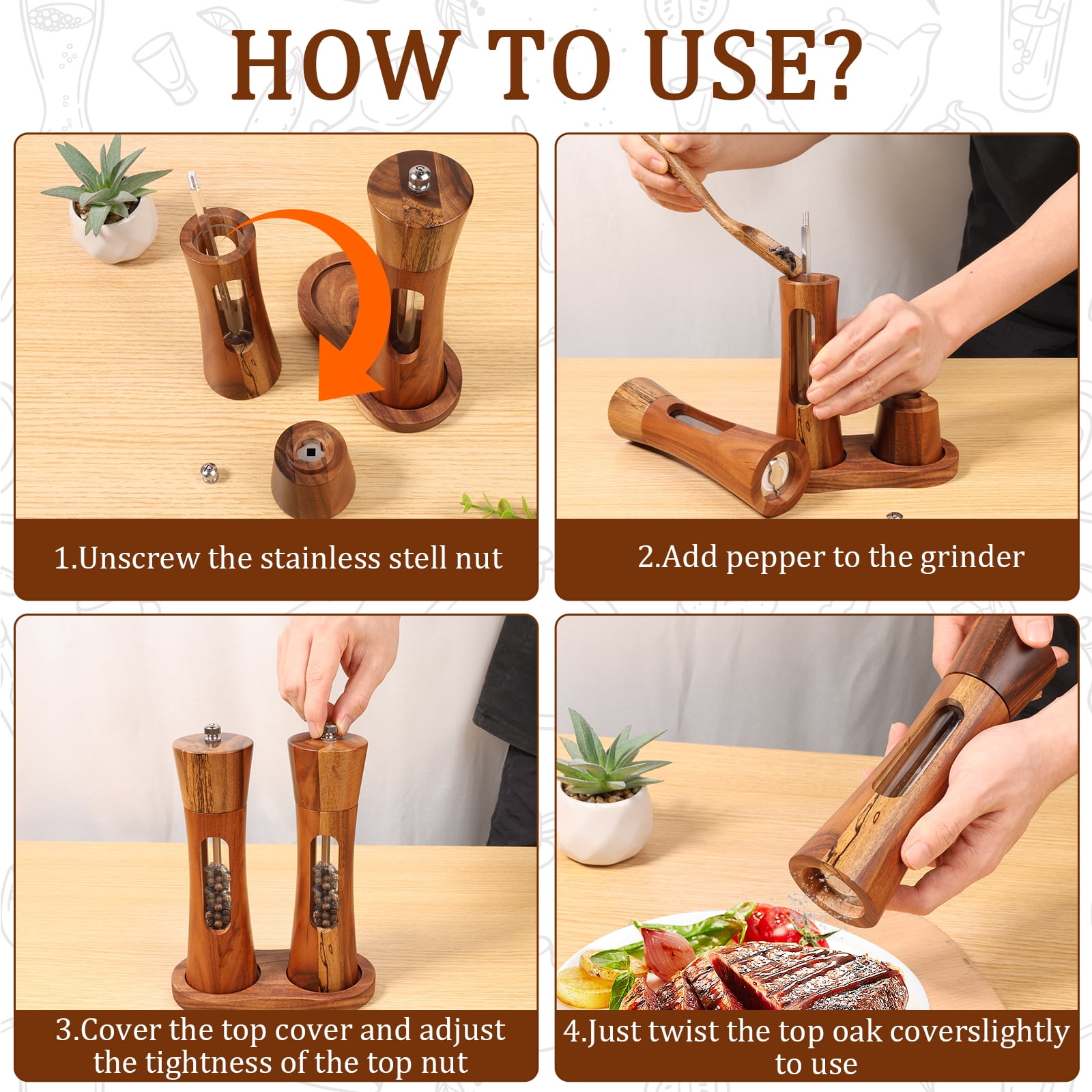 2 Pcs Wood Salt and Pepper Grinder Set Adjustable Coarseness Salt and Pepper Mill with Brush and Spoon for Home Kitchen Dining Room