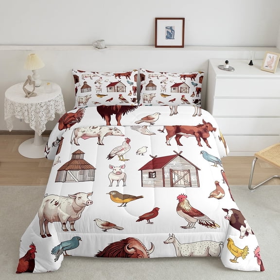 Farm Animals Comforter Set Cow Bull Queen Bedding Sets,Rooster Pig Quilt Bed Set Duck Sheep Duvet Insert,Rustic Cabin Cottage Farmhouse Decor