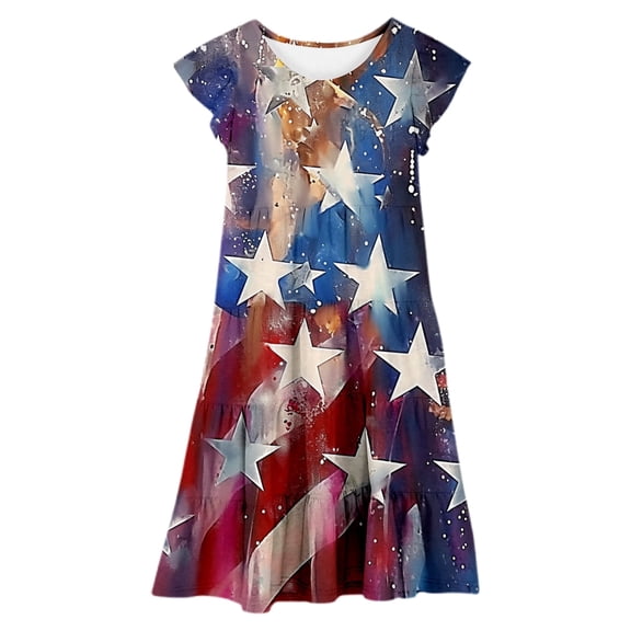 Kid Girl Dresses Ruffled Sleeve Tiered Swing A-Line Cotton 4th Of July Dress Girls Birthday Dress Sundress Princess Dress