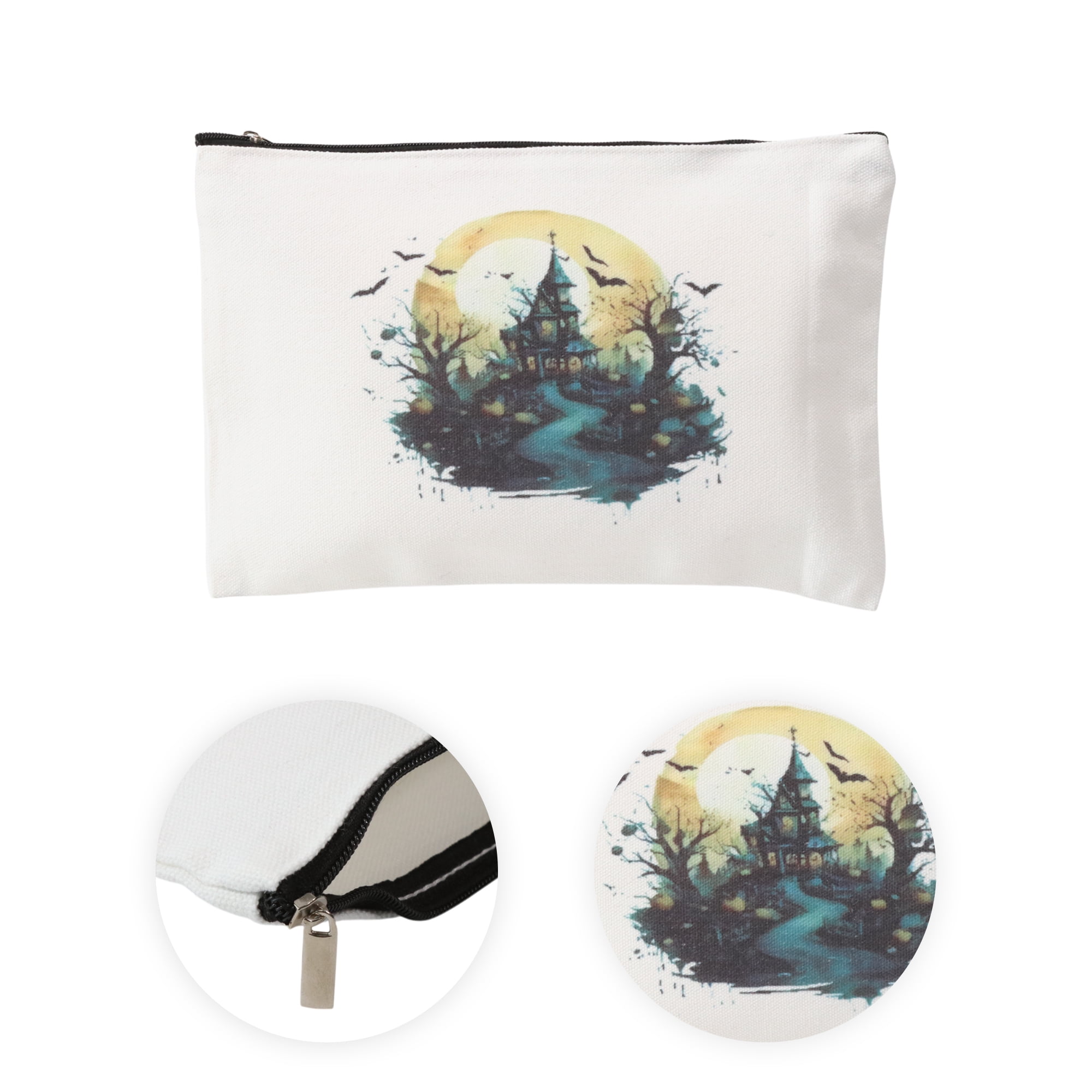 Unique Bargains 1 Piece Durable Halloween Castle Pattern Makeup Bag in White Color