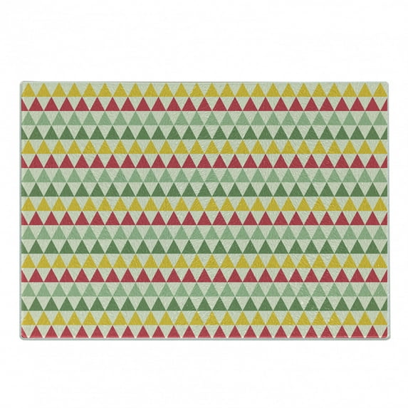 Retro Cutting Board, Colorful Triangles Sharp Edged Geometric Shapes in Horizontal Line, Decorative Tempered Glass Cutting and Serving Board, Small Size, Dark Coral Pale Green, by Ambesonne