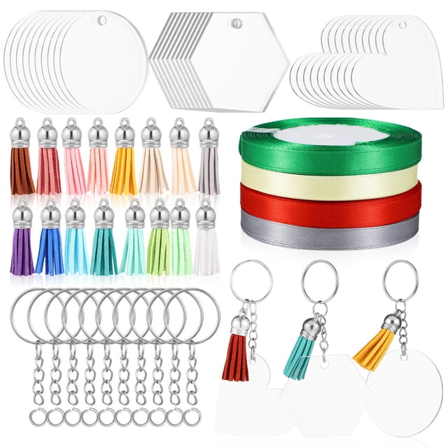 1 juego de llaveros acrílicos en blanco con borlas, accesorios, tablero acrílico transparente en blanco, colgantes, anillas de salto para proyectos de bricolaje y manualidades.