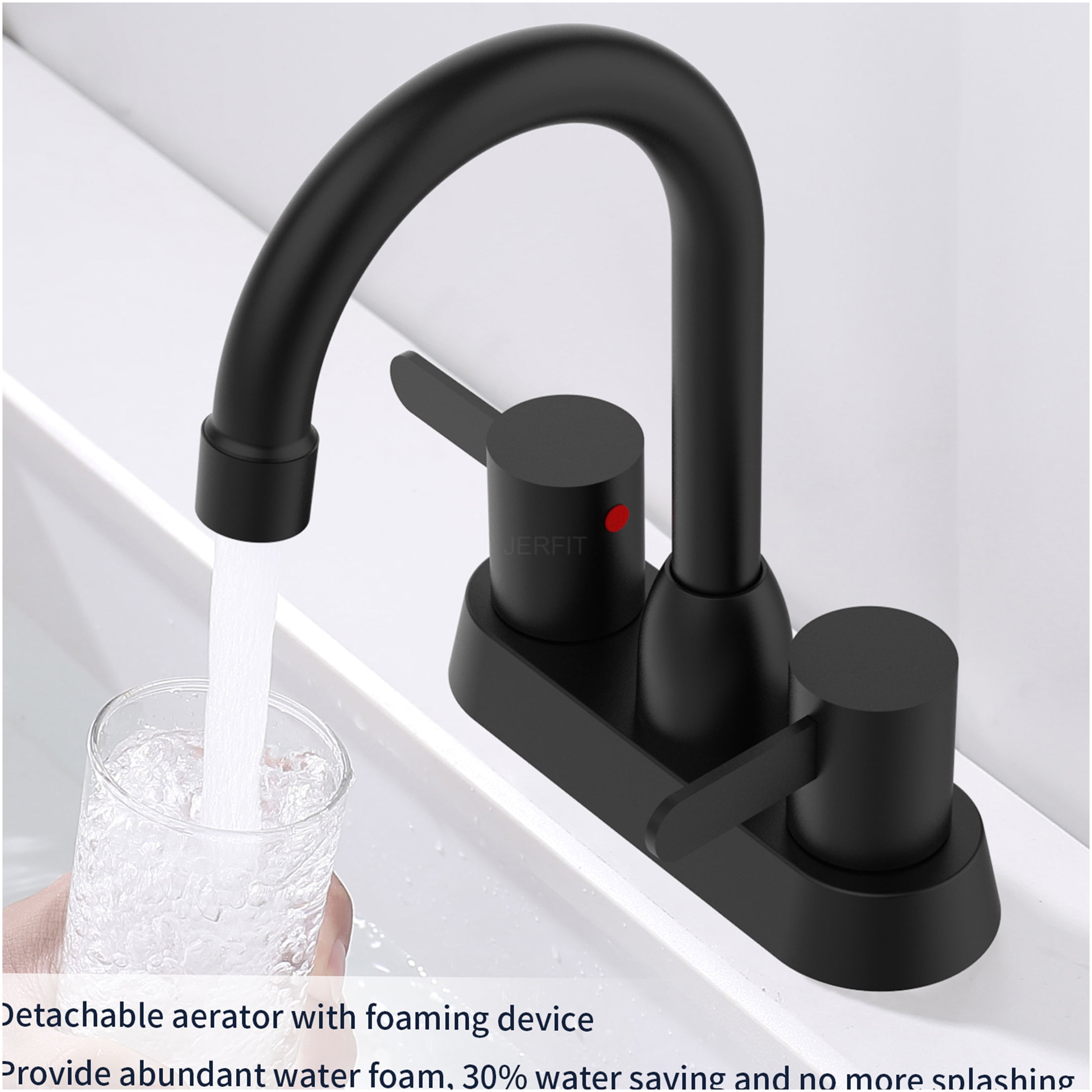 JERFIT Modern Centerset Bathroom Sink Faucet 2-Handle, Matte Black 3-Hole Mount RV Vanity Faucet with Pop-Up Drain Assembly