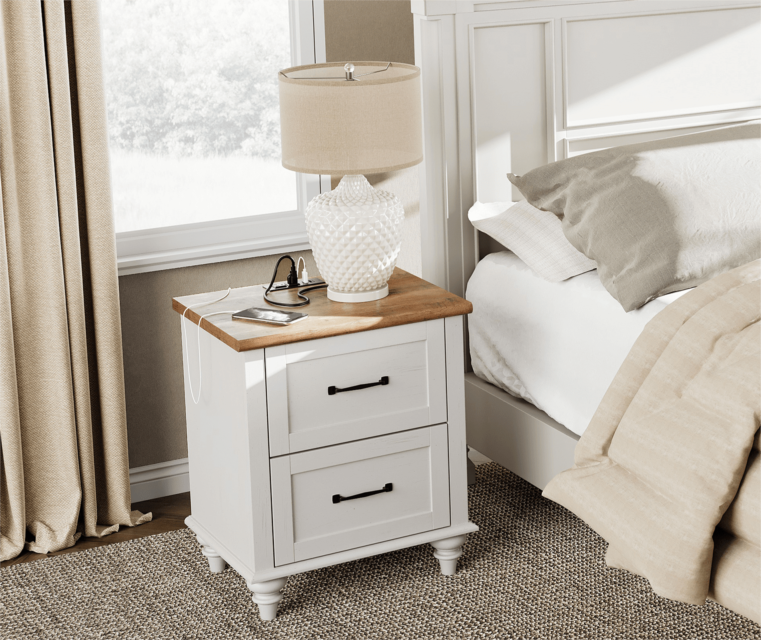 End Table with Charging Station Farmhouse Wooden NightStand Sofa Side