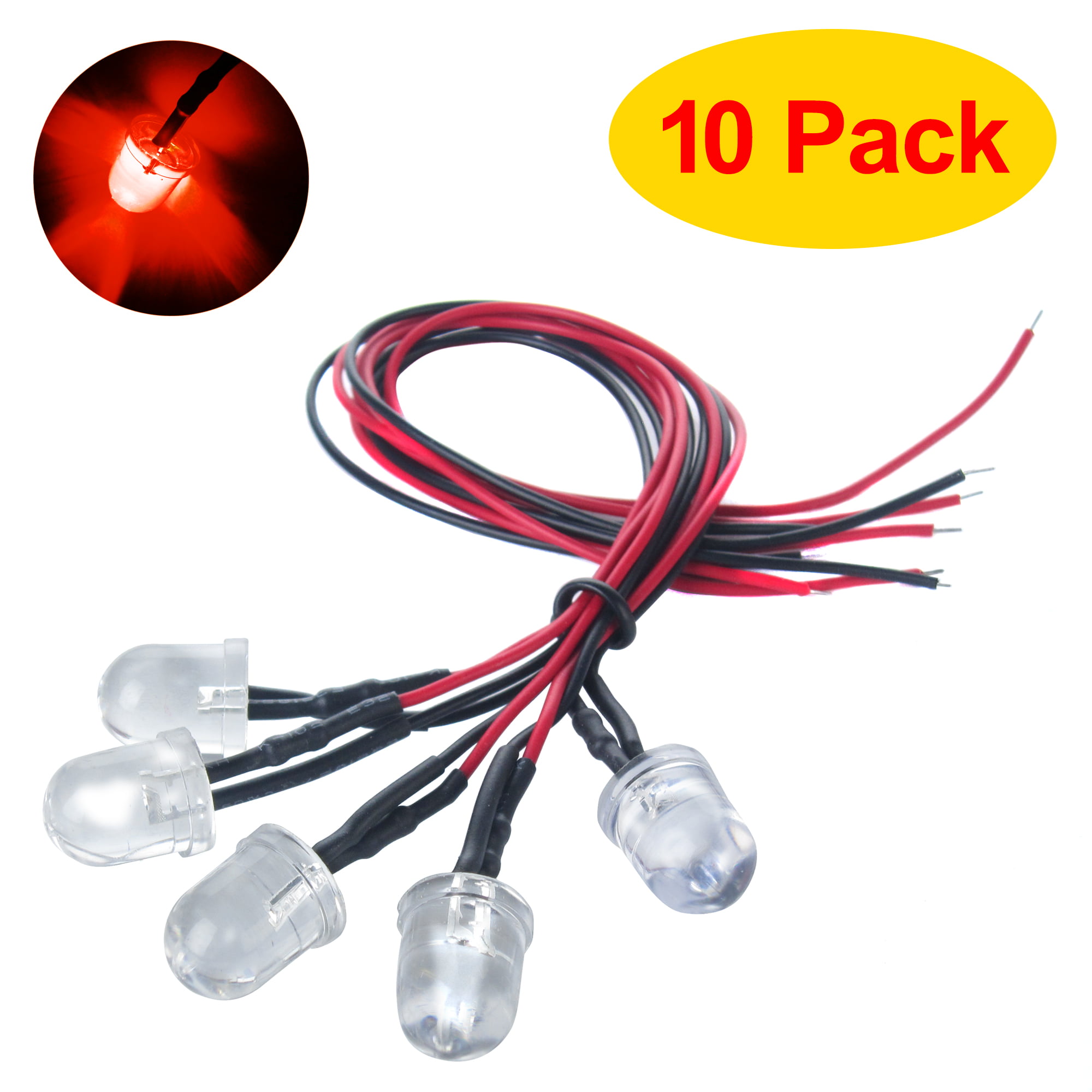 Yolopay Red 10pcs New 12V 10mm Pre-Wired Constant LED Ultra Bright Water Clear Bulbs Red/Yellow/Blue/White 