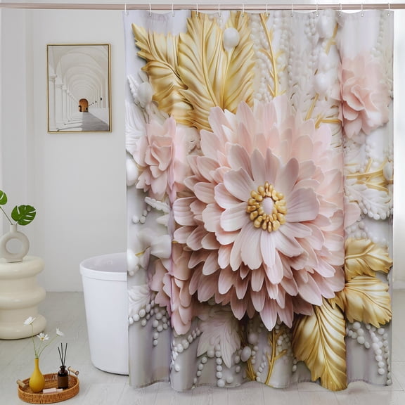 Elegant Blush Pink & Gold Floral Shower Curtain, Luxurious Bath Decor with Modern Minimalist Design and Pearl Accents, Fabric Waterproof & Washable Shower Curtain Set with Hooks, 72x72 Inch