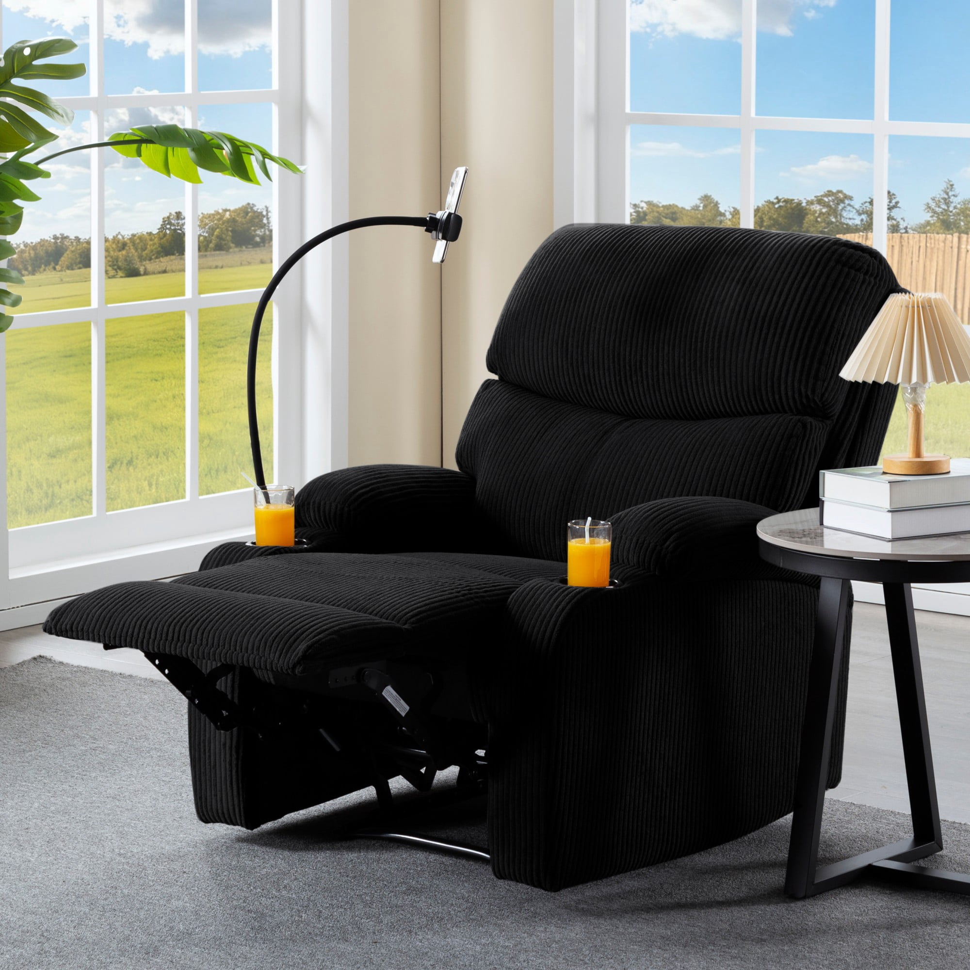 Gewnee Black Corduroy Manual Recliner Chair - Solid Wood Frame with Phone Holder & Cup Holders, Ergonomic Backrest for Living Room Bedroom Office