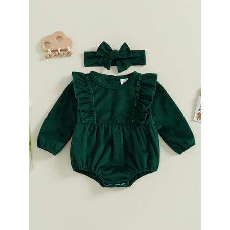 

Mama s sunshine 2-Piece Baby Girls Velvet Set Ruffled Trim Long Sleeve Round Neck Romper Headband Adorable Outfits
