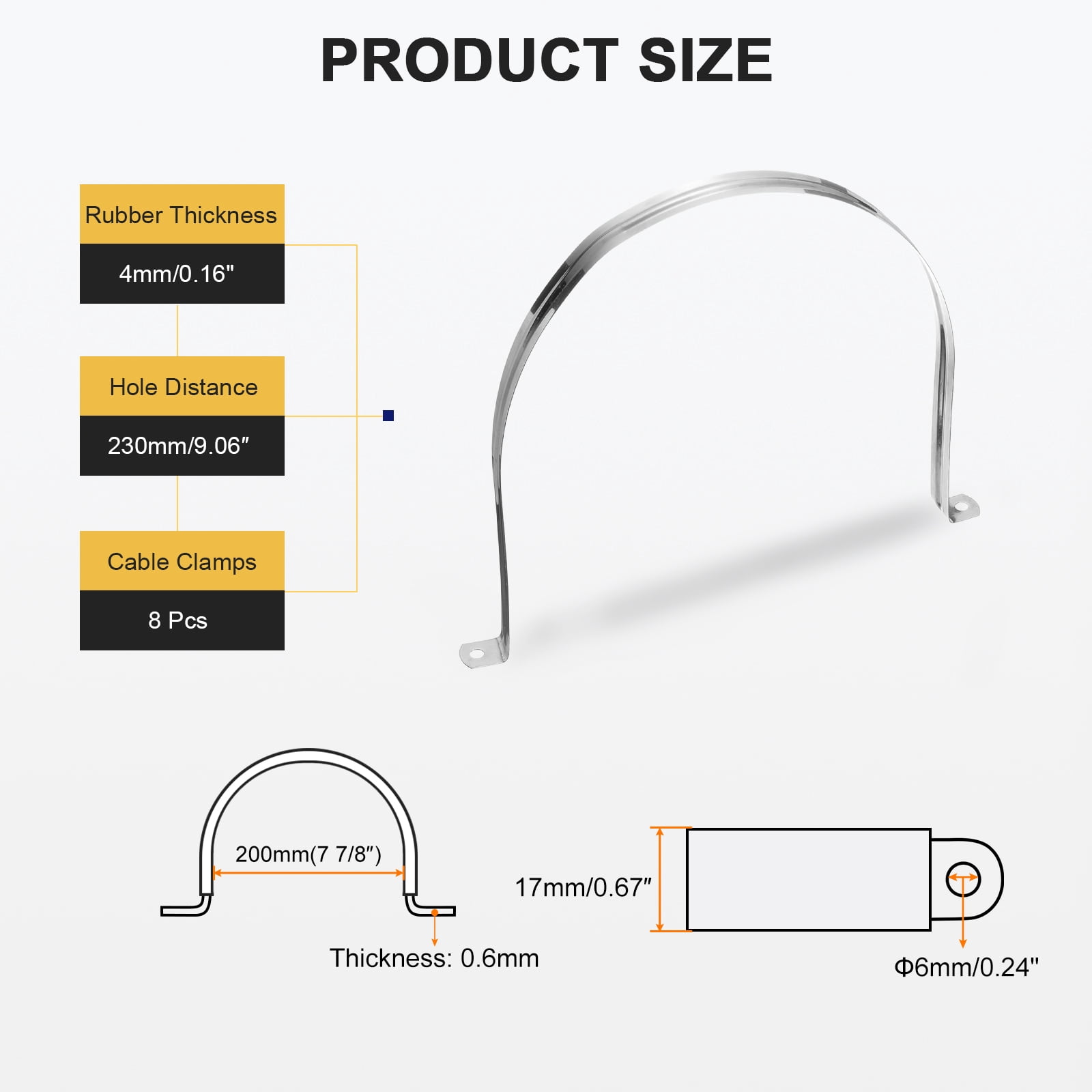 8Pcs 200mm(7-7/8") Stainless Steel Coated Cushioned Insulated Cable Clamp 2 Hole U-Tube Strap Clamp, Silver