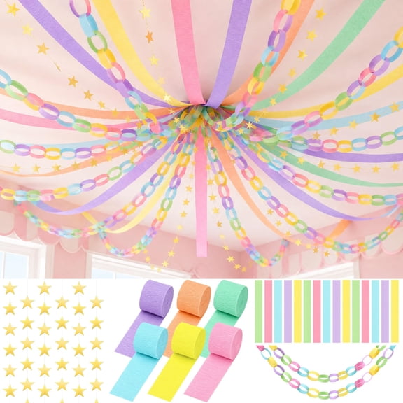 EBaokuup 1000 Pack Macaron Paper Chain Strips, 65 ft Gold Star Garland and 492 Ft Crepe Paper Streamers