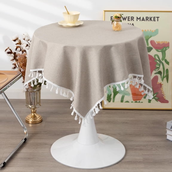 Small Square Tablecloth Solid Vintage Grey Fabric Tassel Table Cloth Rustic Farmhouse Decorative Washable Table Cover for Kitchen Dining Party Light khakidiameter 100cm