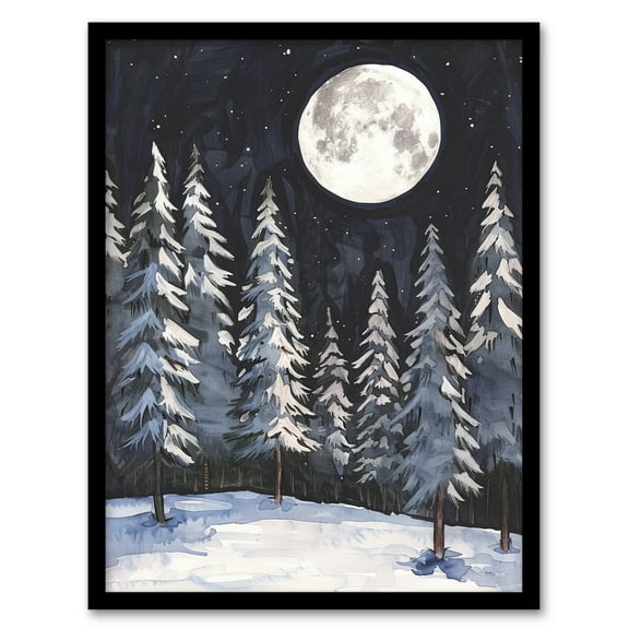 Artery8 Full Moon Over Winter Forest Landscape Snowy Trees Living Room Art Print Framed Poster Wall Decor 12x16 inch