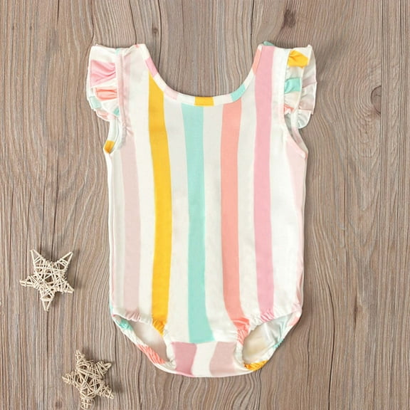 uublik Toddler Girl Swimsuit Summer Striped Off-shoulder Small Flying Sleeve Swimsuit, Sizes 9M-4T