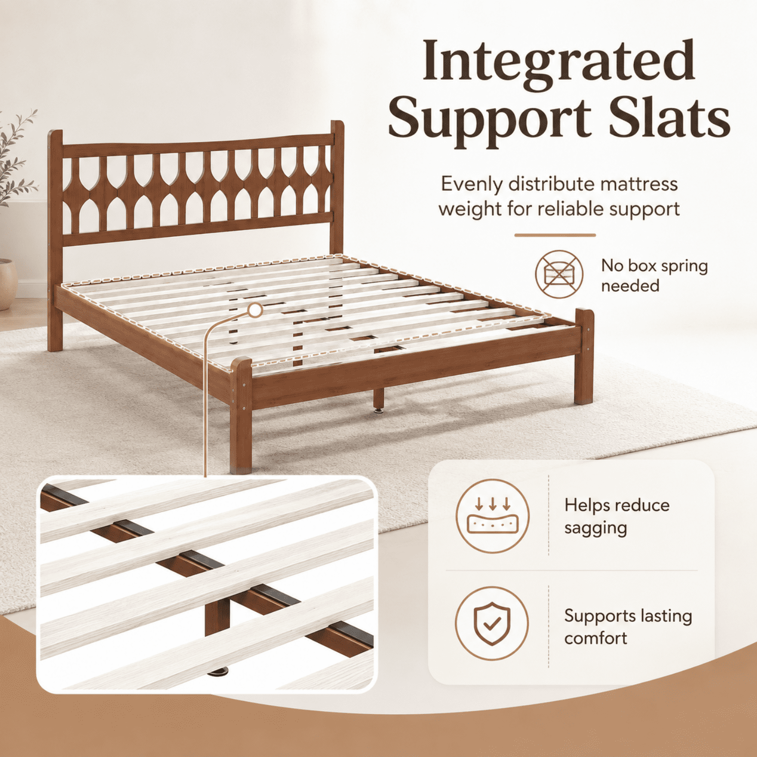 Miniyam Queen Size Bamboo Platform Bed Frame with Geometric Headboard, Brown