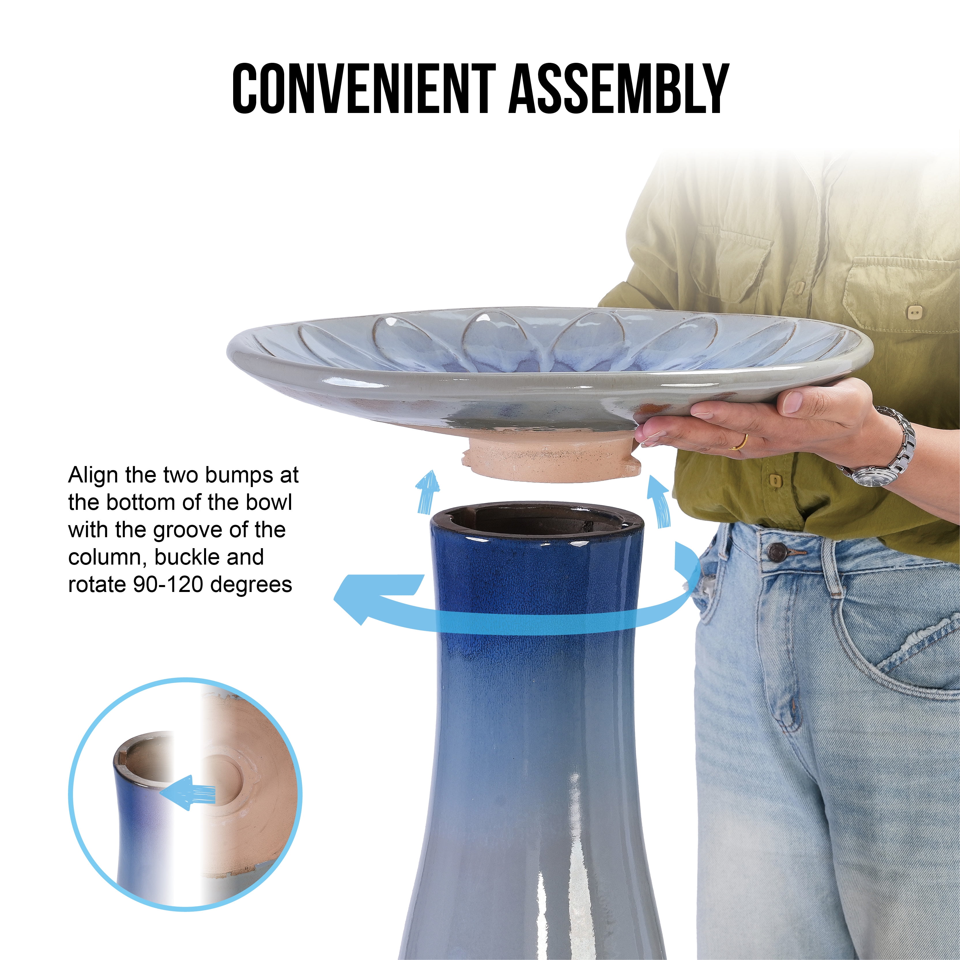 17" Ceramic Bird Bath for Outside, Elegant Tall Outdoor Bird Bath, Lightweight Pedestal Glazed Birdbaths for Outdoors with floral Pattern, Blue Ombre