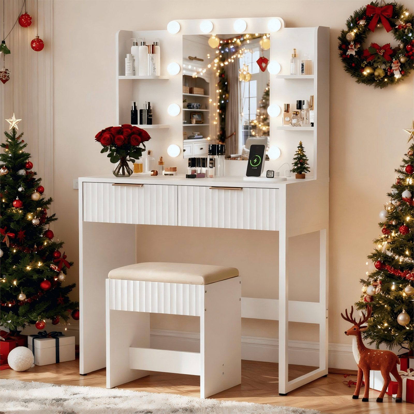 Zimtown Modern Makeup Vanity Table Set with LED Lights , Mirror and Charging Station, Dressing Desk with 2 Drawers for Bedroom, White