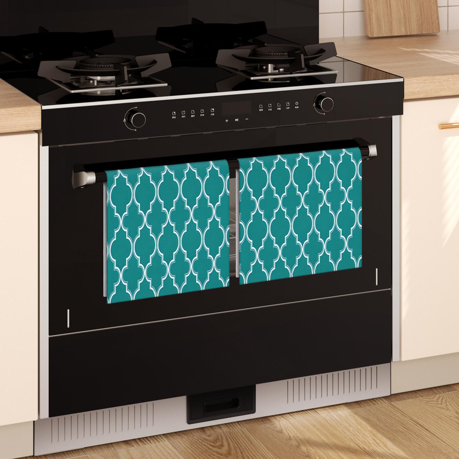 2 Pcs Funny Kitchen Towels,Teal Geometric Quatrefoil Pattern Microfiber Dish Towels,Kitchen Tea Towels,Kitchen Towel Set (18" X 26")