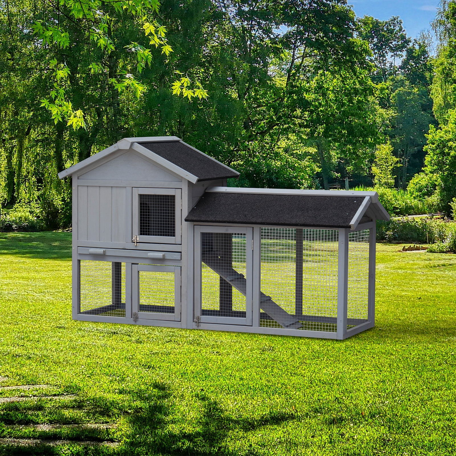 ZephyPaws Rabbit Hutch,Two Floors Bunny Cage Indoor Outdoor,Extendable Waterproof Chicken Coop with Large Run Space,Tray for Small Animal,Gray