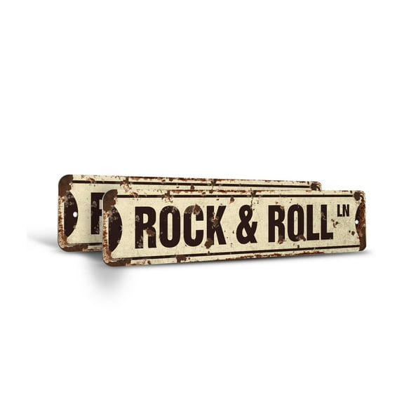 ROCK & ROLL Vintage Style Rustic Street Sign – (2 Pack) Fame Music Band Guitar Musician Retro Decorative Wall Sign for Home, Bar, Garage, or Outdoor Use | 4" X 18" Plastic Road Sign