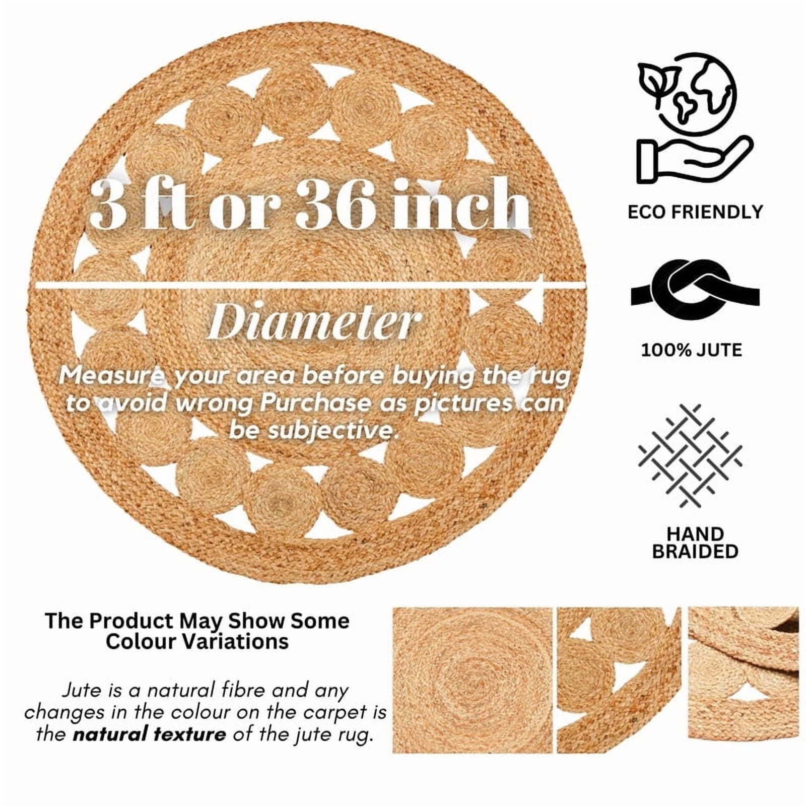 Boho Farmhouse Jute Circle Rug, Reversible Rustic Coastal Area Mat Natural Jute_6A, 2 FT