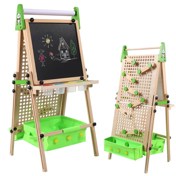 Open Box RLUETIME Adjustable Magnetic Whiteboard Kids Art Easel with Double-Sided Board, Marble Run, Complete Art Kit, Green