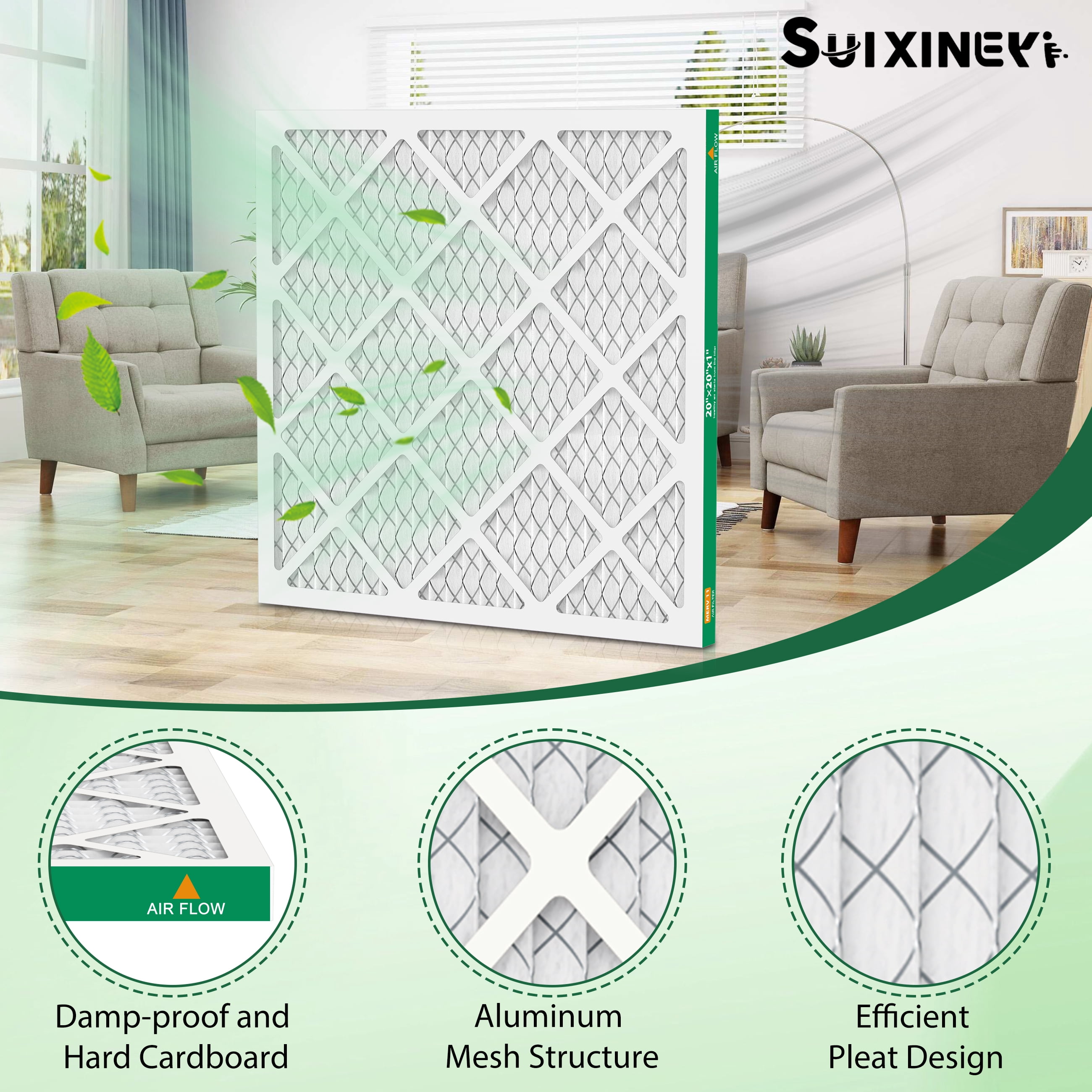 SUIXINEYI 20X20X1 MERV11 Pleated Air Condition Filter MPR1000 HVAC Furnace Air Filter for Dust Reduction,6 Filters