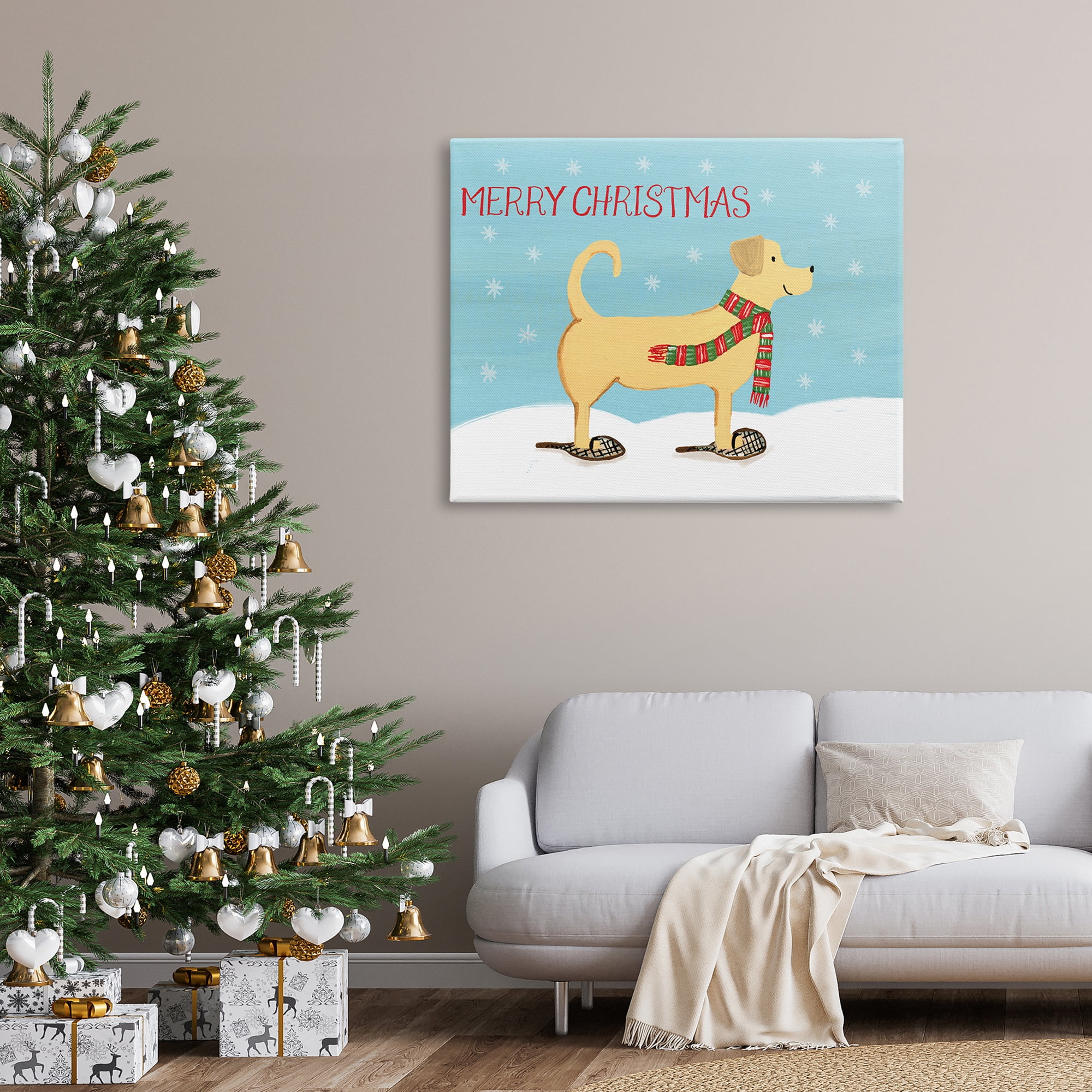 Christmas Snowshoe Dog Wearing Scarf Winter Landscape Animals & Insects Painting Gallery-Wrapped Canvas Print Wall Art