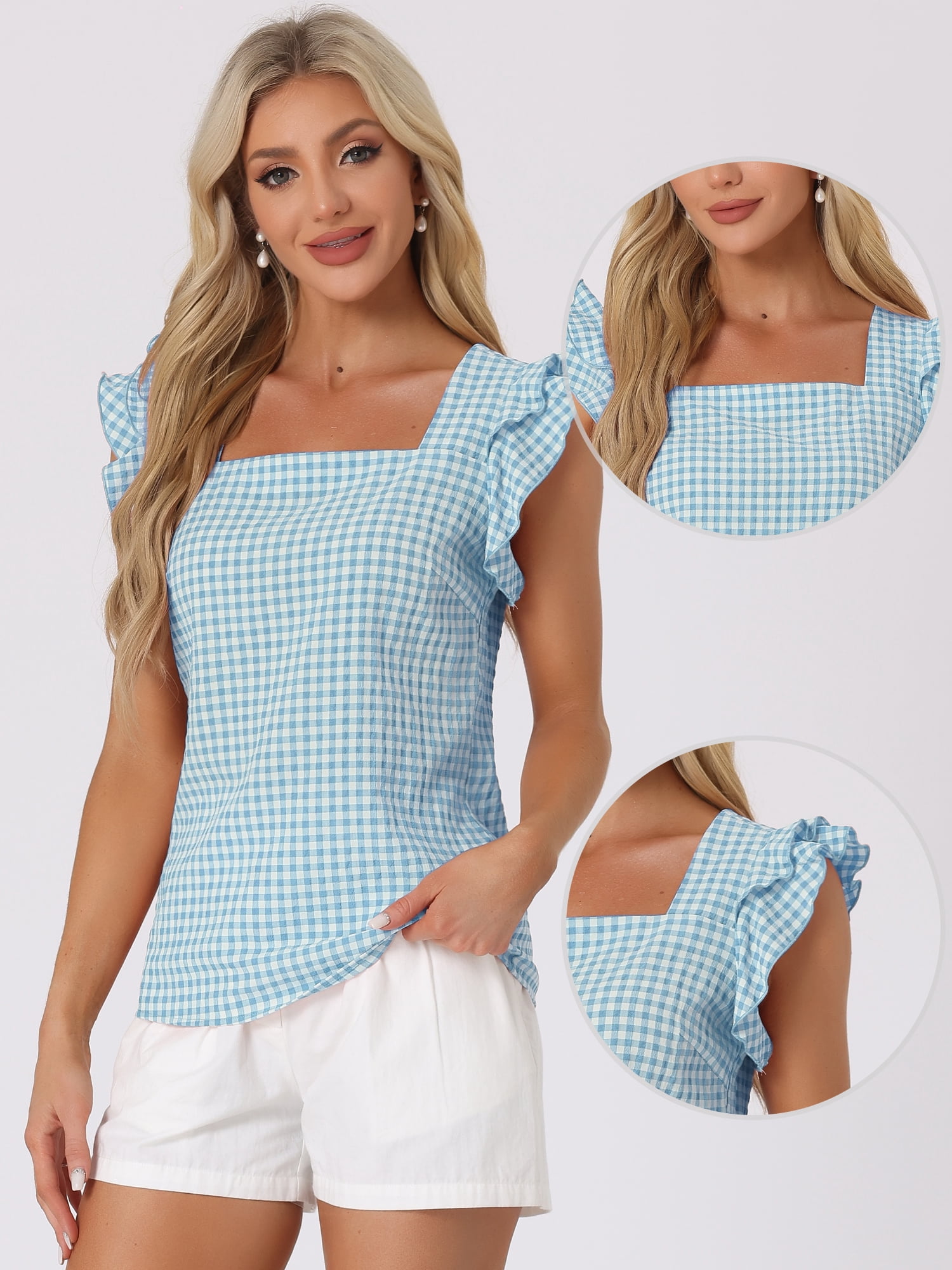 DARING DIVA Square Neck Ruffle Sleeve Blouse M Lake Blue