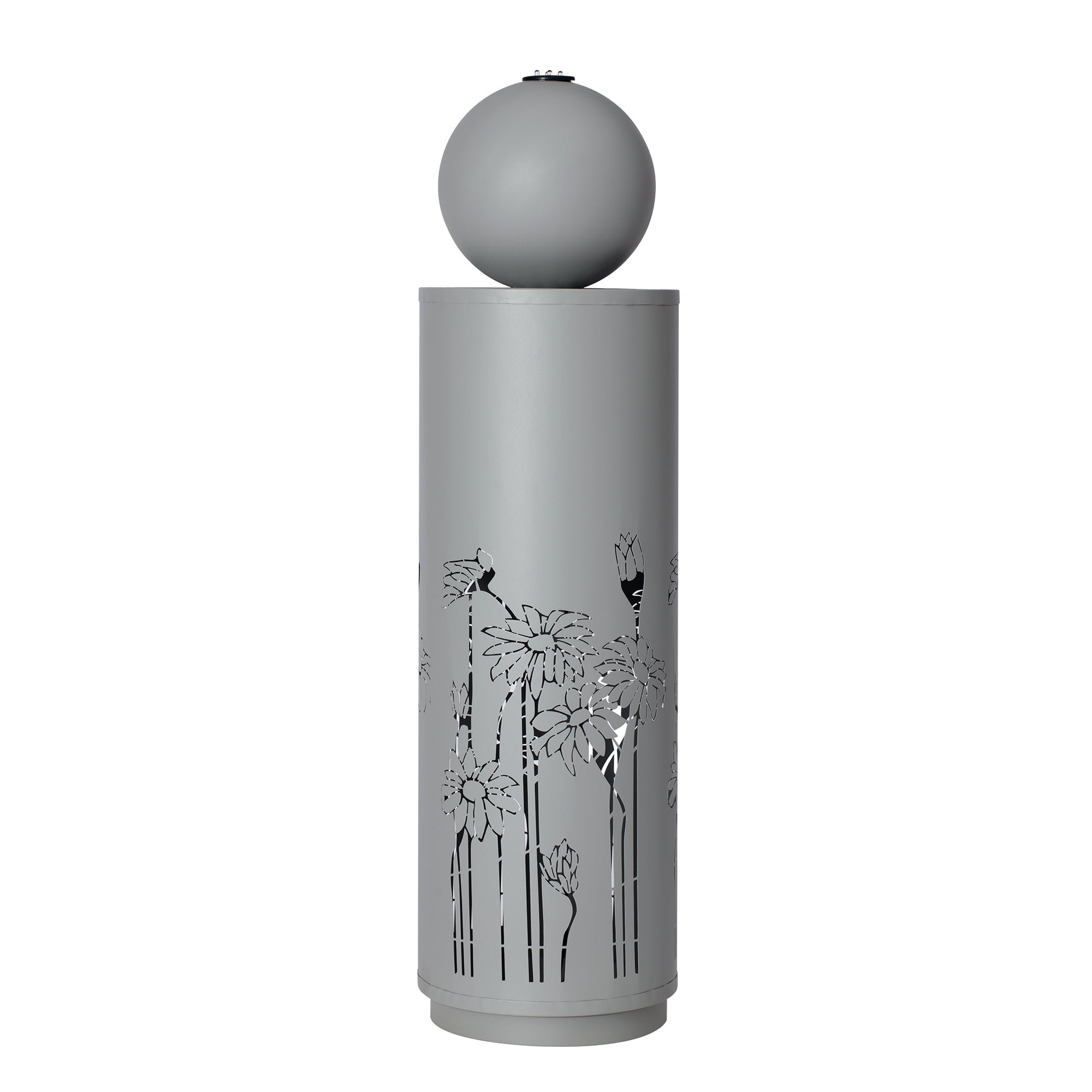 Mintazer 34.2"H Floral Cutout Cylinder Sphere Top Outdoor Fountain, Weatherproof Metal Water Feature with Dual Warm LED Lights & Silent Recirculating Pump for Patio Garden Backyard Decor, Gray