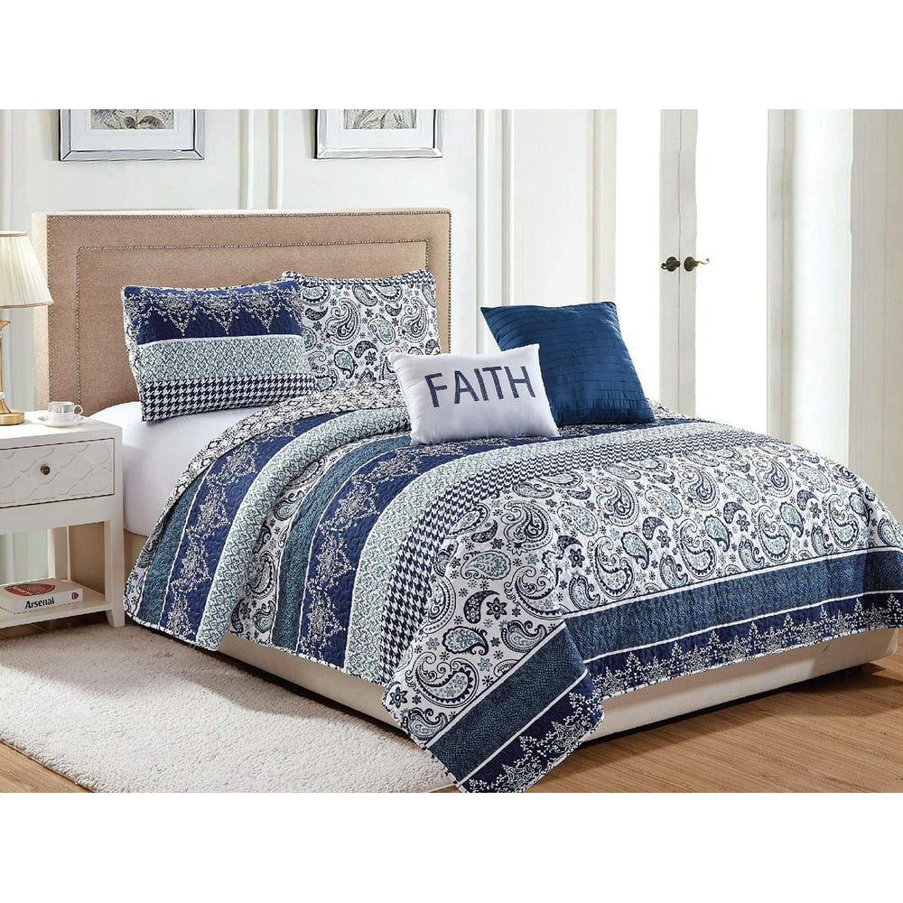 Carry Reversible 5Piece Queen Quilt Set, Blue, 90x90 Inches Walmart