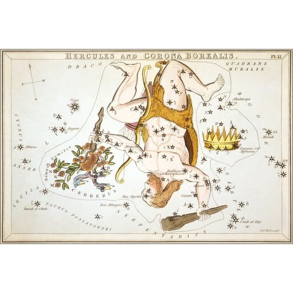 24"x36" Gallery Poster, Hercules Corona Borealis constellation astronomy map 1825