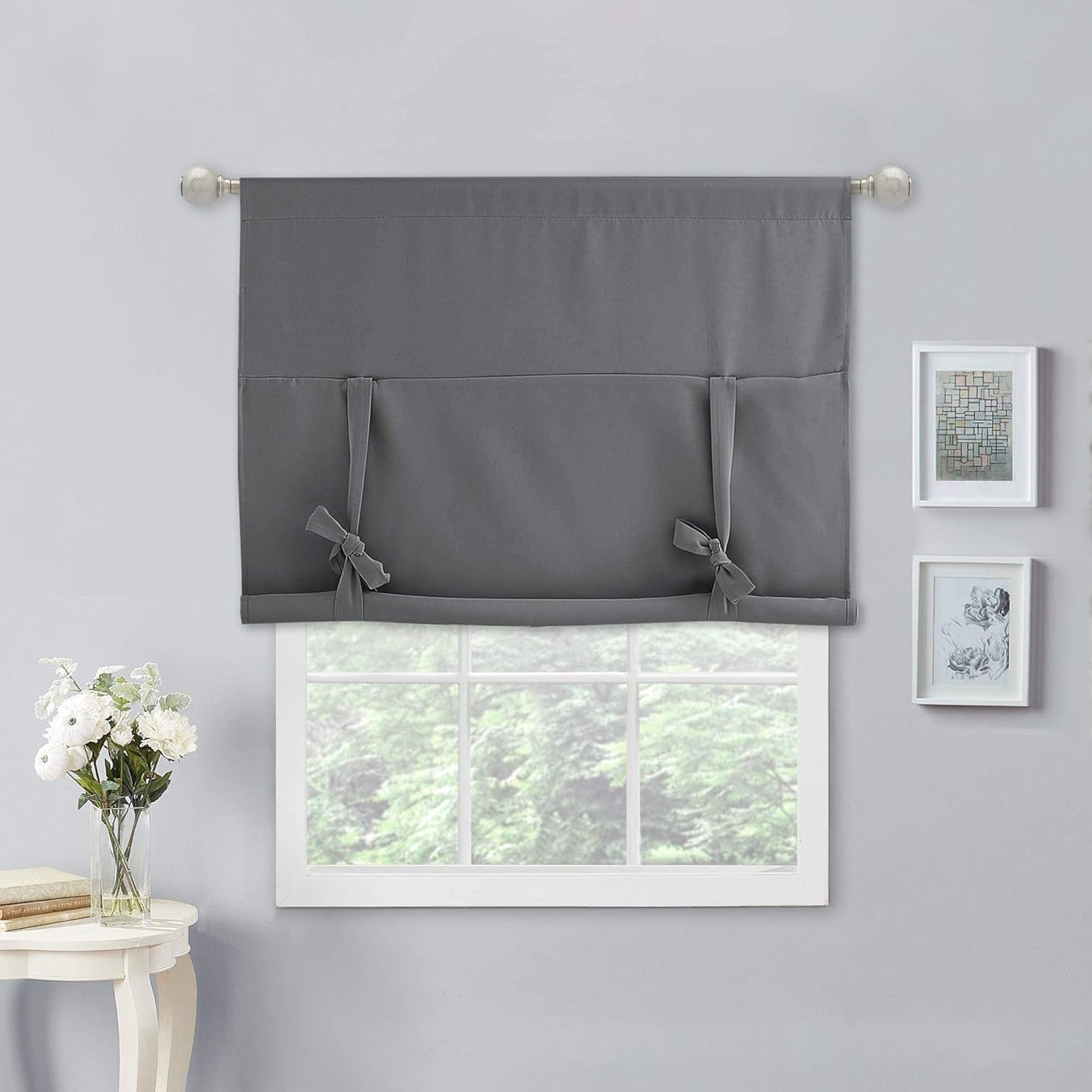 NICETOWN Tie Up Blackout Curtain for Bathroom, Thermal Insulated Adjustable Balloon Roman Curtain Rod Pocket Room Darkening Valance Shade, Grey, 40"x54", 1 Piece