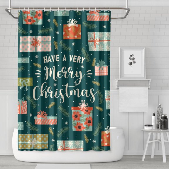 Christmas Shower Curtain Set: Merry Xmas Snowflakes & Pine Trees Bathroom Curtain Polyester Waterproof Washable Shower CUrtain for Bathroom Decor (72x72) with 12 Hooks Included