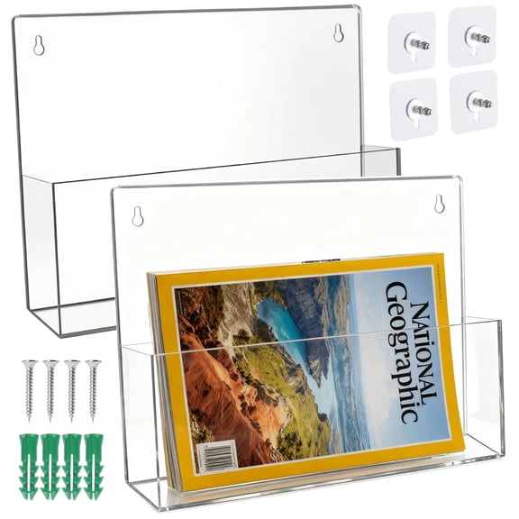 2-Pack Clear Acrylic Wall-Mount File Holders with Self-Adhesive Backing, Legal-Size Hanging Document Organizers for Brochures, Magazines, Literature, and Office Folders