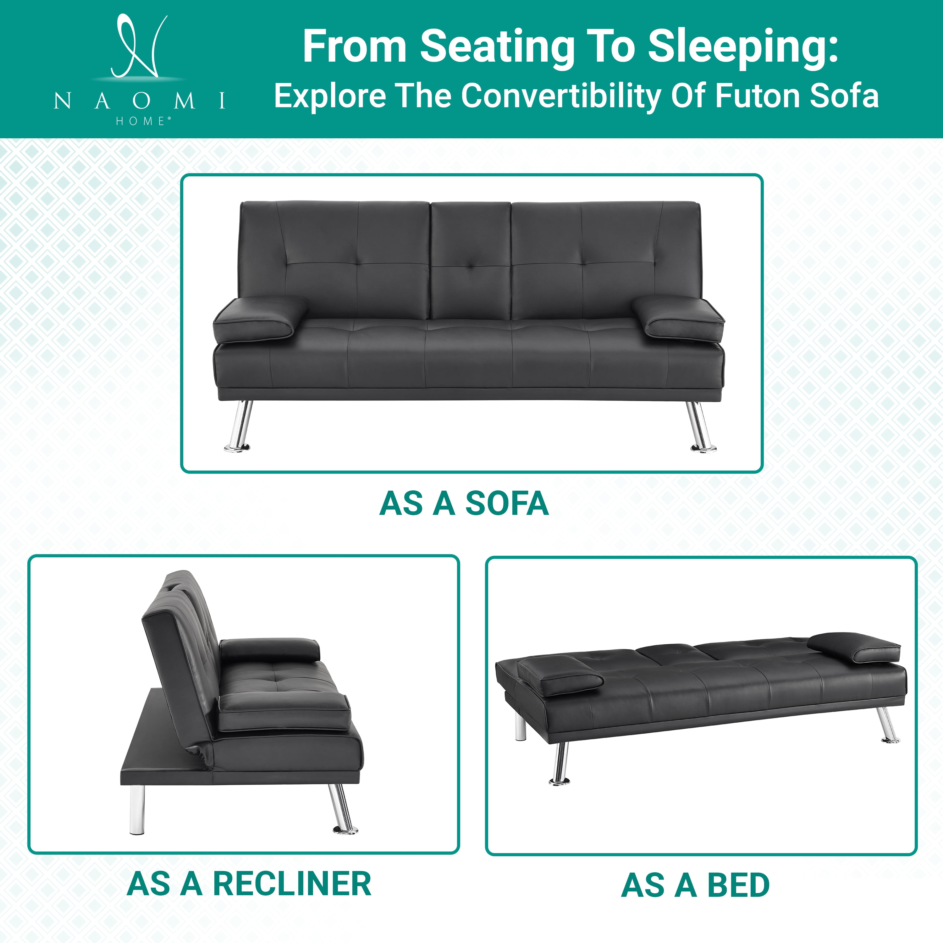 Futon Sofa Bed, Faux Leather Futon Couch with Armrest and 2 Cupholders, Pull Out Sofa Bed Couch Convertible with Metal Legs, Folding, Reclining Small Couch Bed, Futon Bed for Living Room - Black