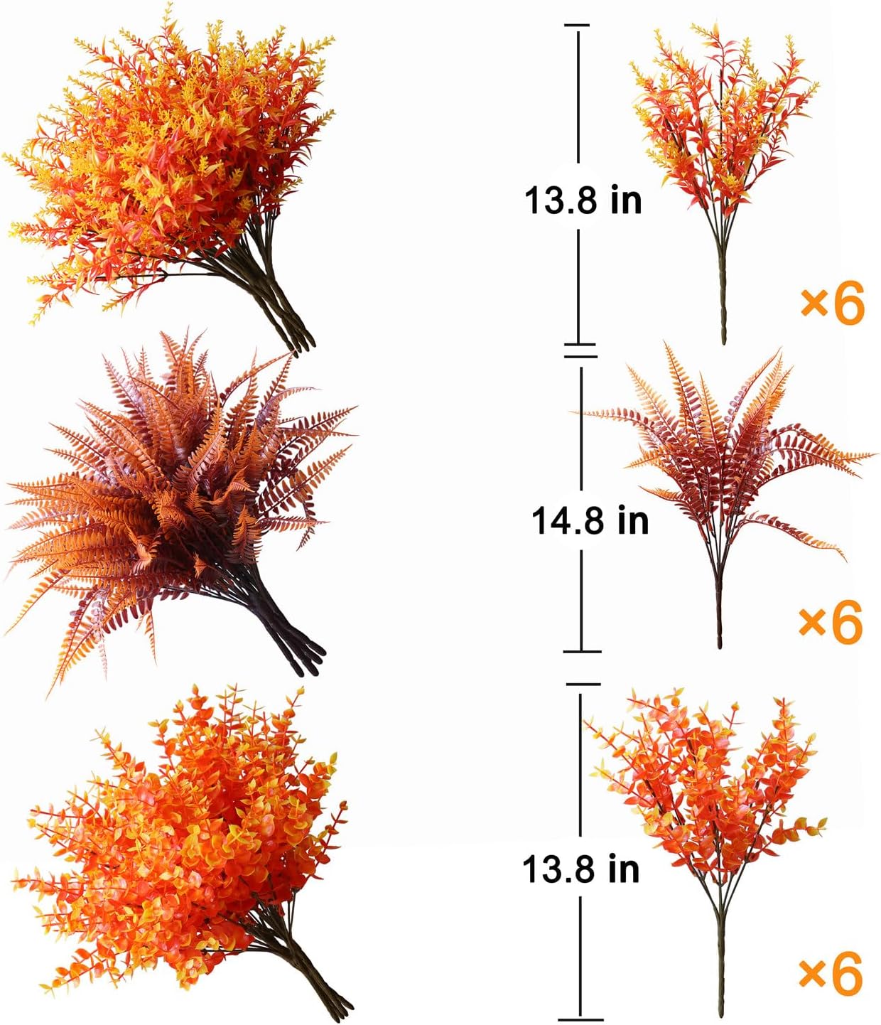 18Pcs Artificial Fall Flowers Plants for Outdoor Autumn Decoration, UV Resistant Plastic Plants, Faux Boston Fern & Eucalyptus Bulk for Garden, Patio, Window Box Decor