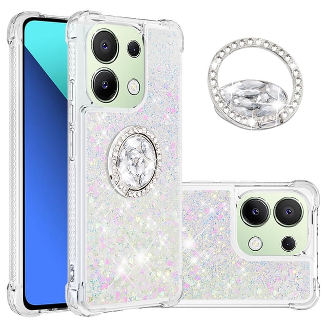 Funda para Xiaomi Redmi Note 13 4G con Brillo Líquido Flotante, Purpurina, Parachoques y Anillo Giratorio Soporte
