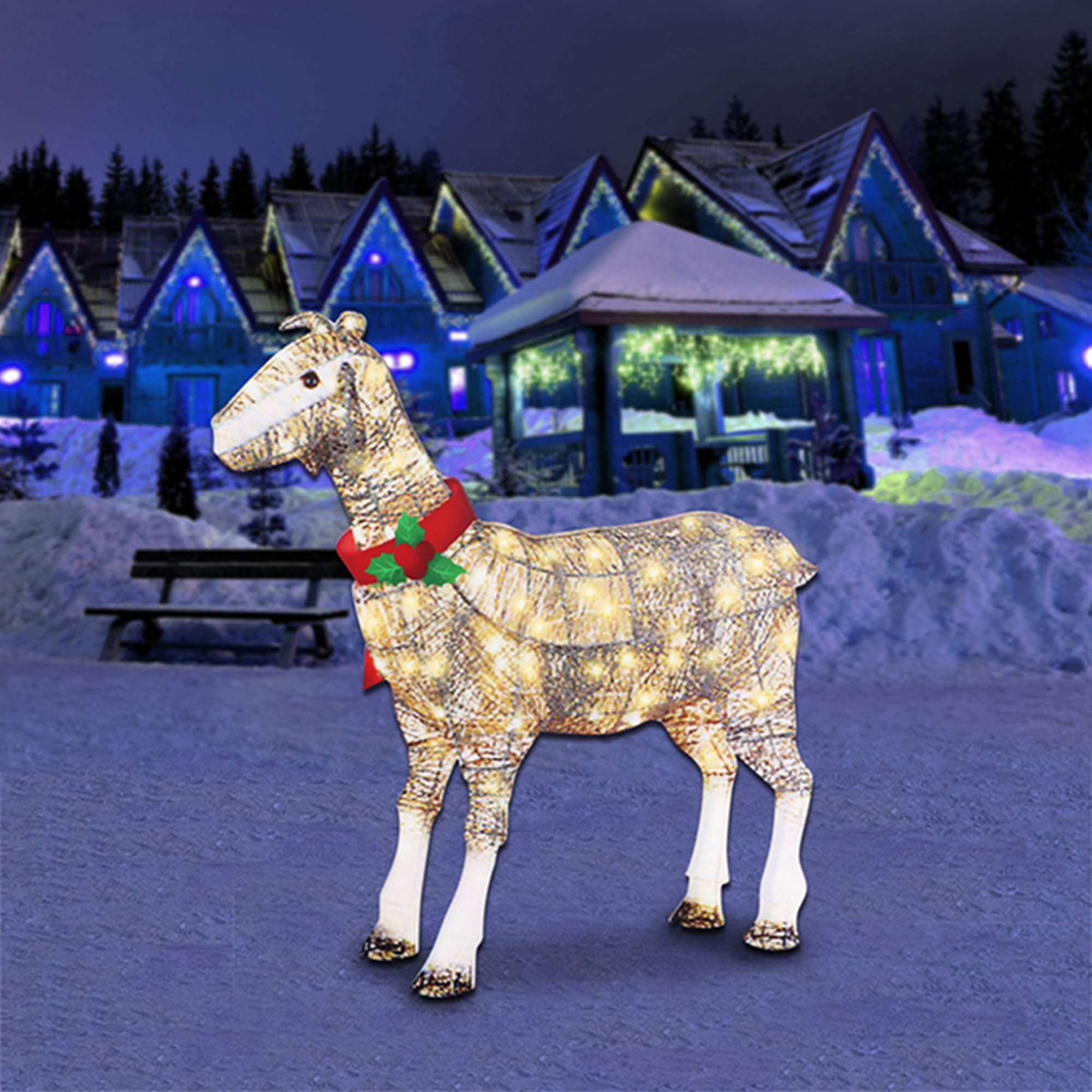 LightUp Goat with Scarf Holiday Decoration, Metal Goat Christmas