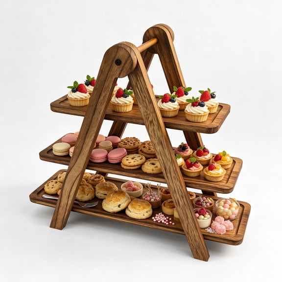 RYLZX 3 Tier Wooden Serving Tray, Farmhouse Rectangle Tiered Cupcake Stand, Decorative Serving Platter for Party Dessert Charcuterie, Brown Rustic Home Decor