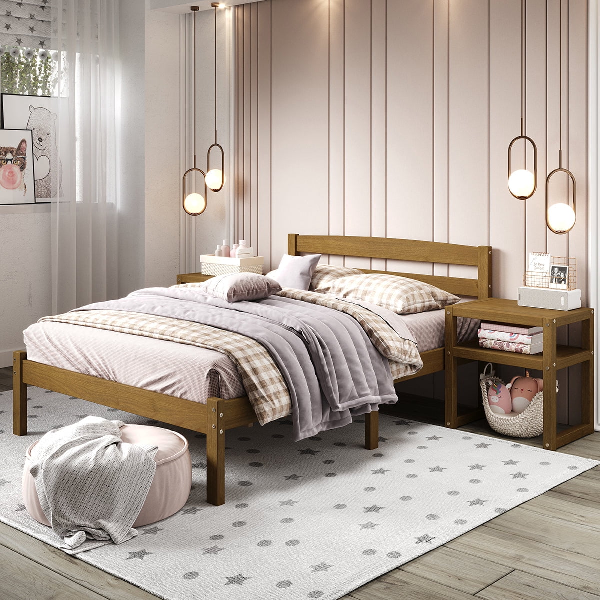 P'kolino Urban Full Bed Frame with Headboard- Solid Wood- Natural Oak, for Kids, Teens
