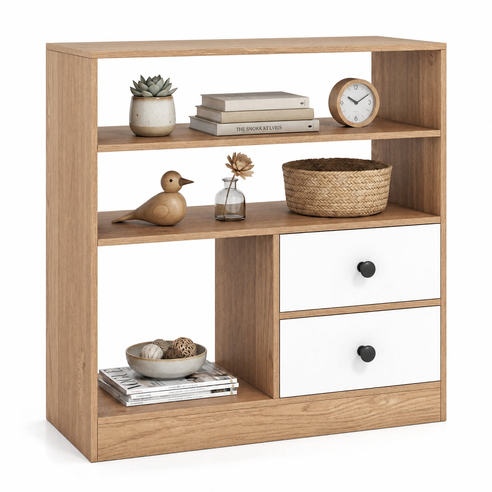 Furnibear Open Accent Cabinet with 2 Drawers 3 Compartments and Countertop Bookshelf Storage for Entryway Living Room and Bedroom, Natural