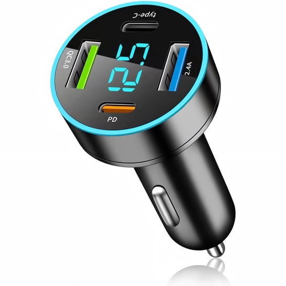 4 Ports Fast Car Charger Adapter, [Upgrade Voltmeter Display] PD QC3.0 USB C Car Charger for 12-24V Cigarette Lighter Plug, Car Phone Charger Compatible with iPhone/Android/Samsung/iPad, Black