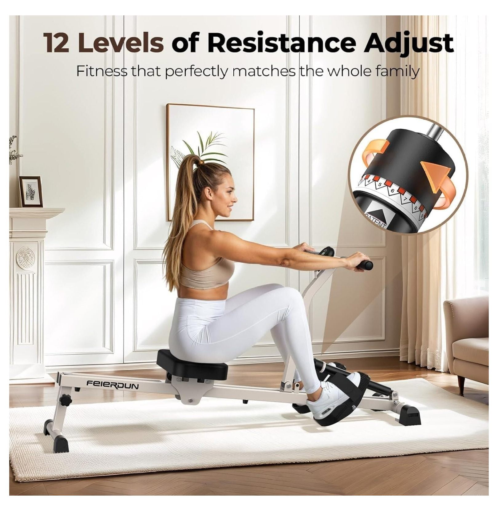 Hydraulic Rowing Machine for Home, Compact Adjustable Rower with 12 Resistance Levels, 300LBS Weight Capacity, Full Body Workout Equipment