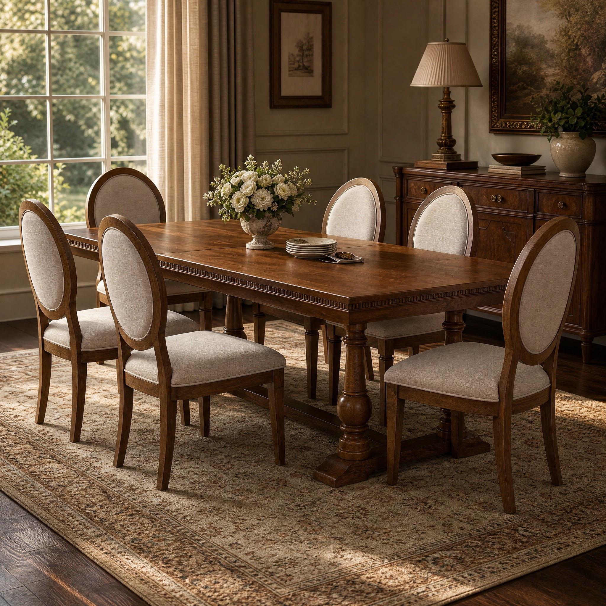 7-Piece Dining Table Set for 6, 58"-76" Extendable Dining Table with 6 Oval-Back Upholstered Chairs