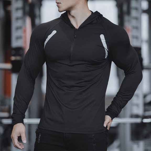 Men's Half Zip Slim Hooded Top, Contrast Decorative Strips, Raglan Sleeve Cutting, Fit Long Sleeve Sports Shirt for Fitness and Outdoor Activities Black XXXL