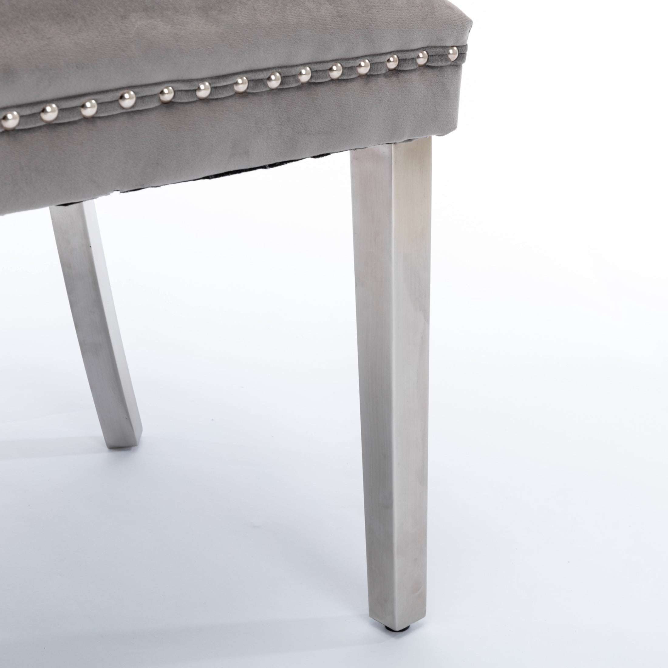 Noble House Tufted Velvet Dining Chair, Nailhead Trim, Stainless Steel Legs, Gray + Chrome