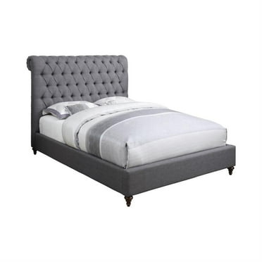 Rolled Headboard Queen Bed in Grey Fabric