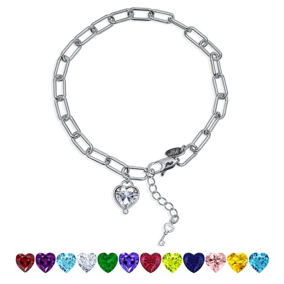 JeenMata 3 Carat April Heart & Key Charm Birthstone Bracelet - 18K White Gold Plating for Women