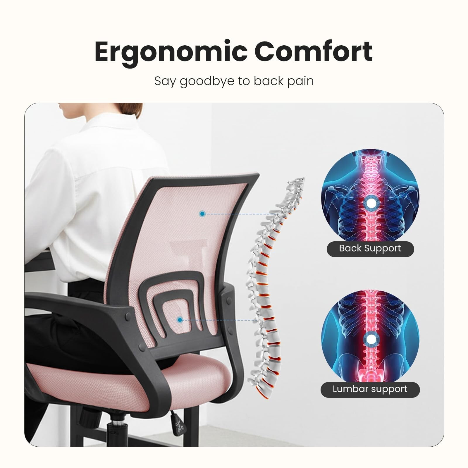 Kelno Mid-Back Mesh Office Chair 250lb Capacity Ergonomic Desk Chair with Lumbar Support Adjustable Height Rocking Task Chair, Pink