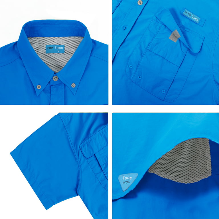 Tuna Men's UV UPF 50+ Sun Protection Soild Anti-Static Waterproof Breathable Fast Dry SPF Hiking Fishing Short Sleeve Shirts(Vivid Blue #13 XL)